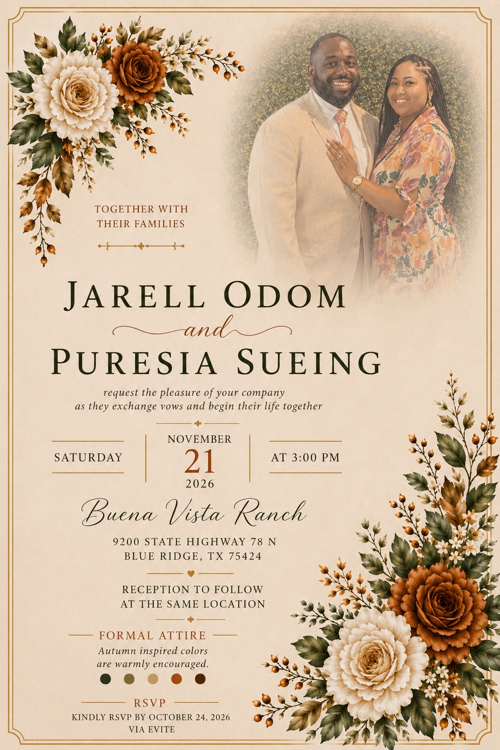 The finished wedding invitation for Jarell Odom and Puresia Sueing